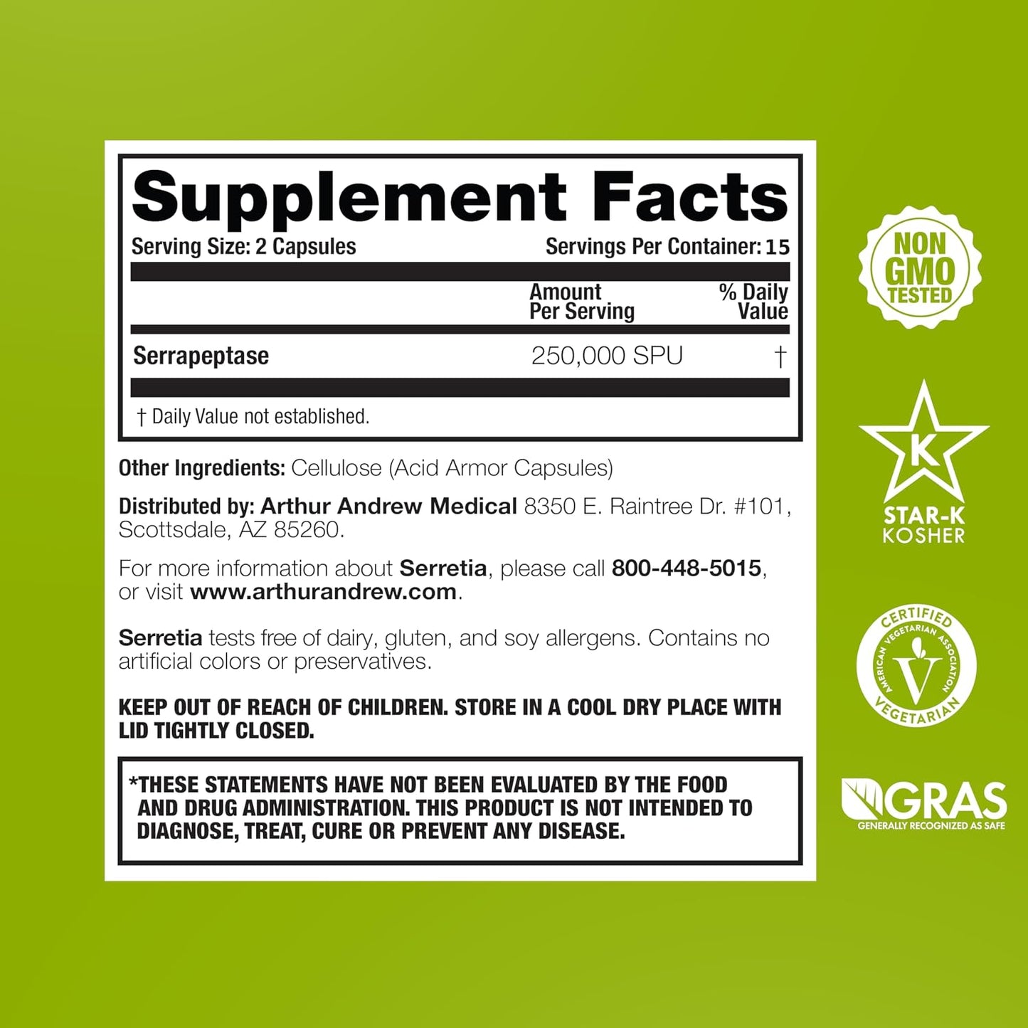 Arthur Andrew Medical, Serretia, Pure Serrapeptase Enzyme, 30 Capsules | Pure Serrapeptase Enzyme (250,000 SPU) In Acid Armor Capsules For Muscle Soreness, Recovery, & Sinus Support