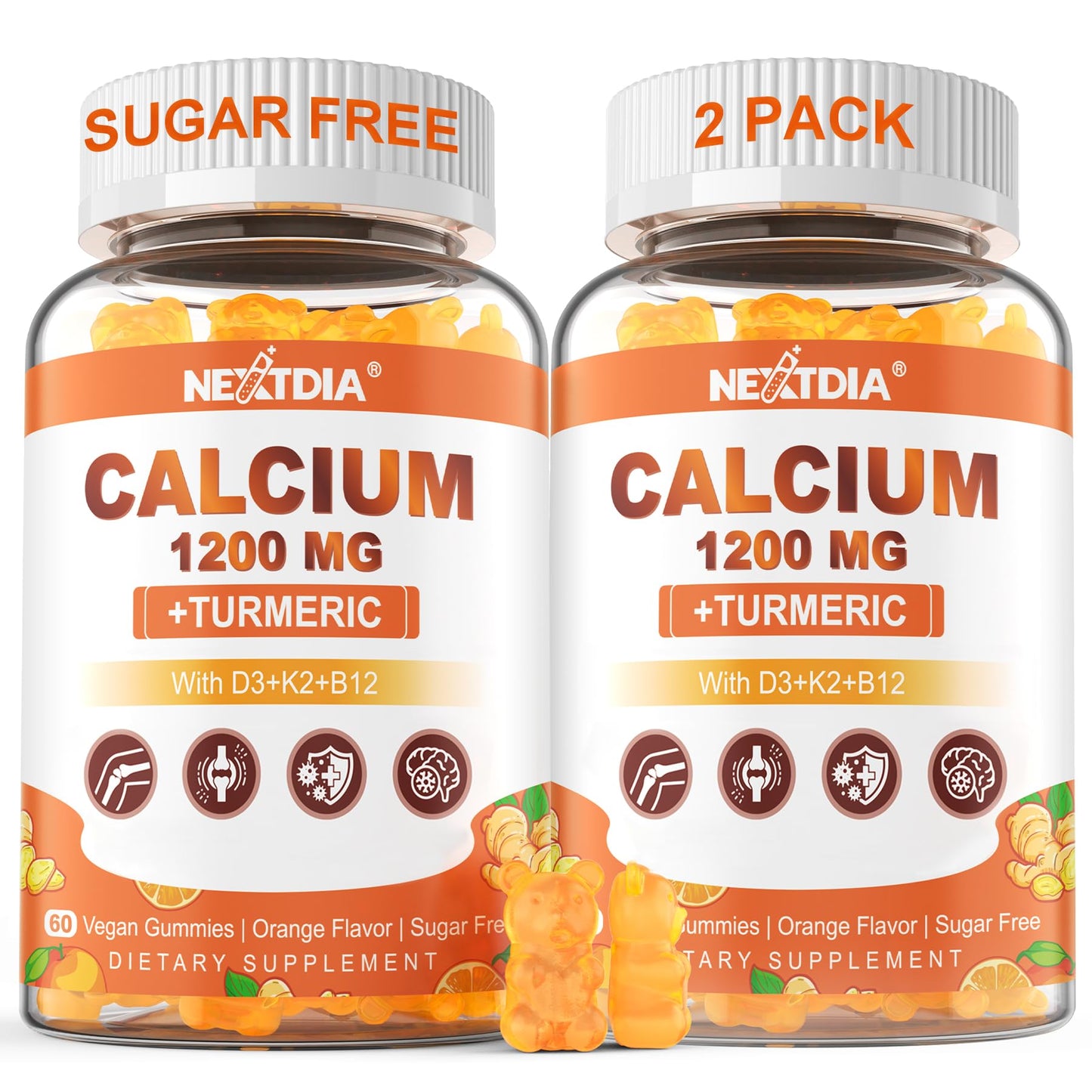 Calcium Gummies with Turmeric for Women & Men - Calcium 1200mg with Vitamin D3 K2 B12 5000 IU & Zinc, Suger-Free Calcium Supplement for Bone, Muscle Strength & Immune Support - Vegan(120 Count)