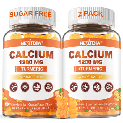 Calcium Gummies with Turmeric for Women & Men - Calcium 1200mg with Vitamin D3 K2 B12 5000 IU & Zinc, Suger-Free Calcium Supplement for Bone, Muscle Strength & Immune Support - Vegan(120 Count)