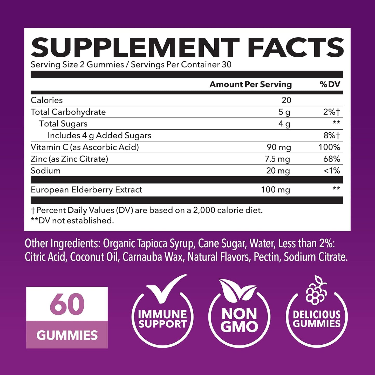 Sambucus Elderberry Gummies with Vitamin C & Zinc, Berry, 30 Servings | Vegan, Non-GMO, Gluten Free Elderberry Gummies, 100mg Extract Per Serving for Immune Support and Wellness Defense, 60 Count