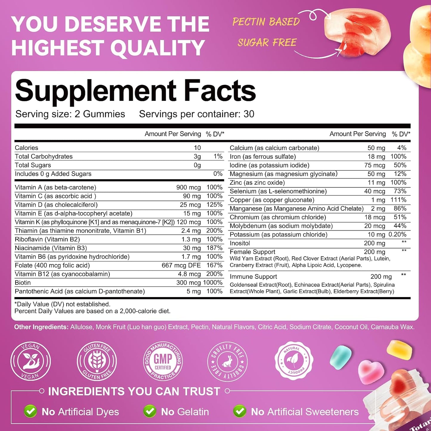 Totaria Sugar Free Womens Multivitamin Gummies with Iron, Women's Multivitamin w/Vitamins C, D3 K2, B12, B6, Filled Gummies for Daily Nutritional Support| Immune Support| Skin Health, Mixed Flavors