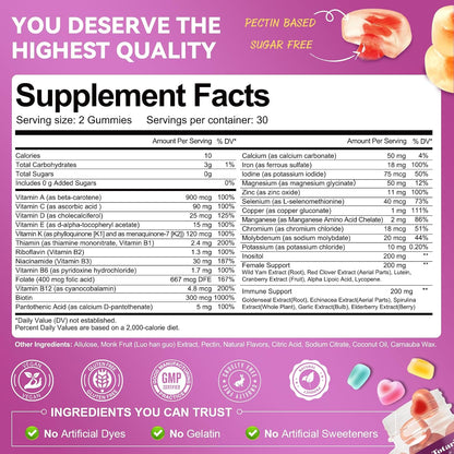 Totaria Sugar Free Womens Multivitamin Gummies with Iron, Women's Multivitamin w/Vitamins C, D3 K2, B12, B6, Filled Gummies for Daily Nutritional Support| Immune Support| Skin Health, Mixed Flavors