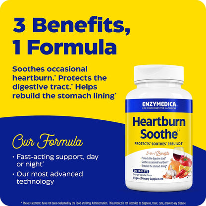 Enzymedica Heartburn Soothe Chewable Supplement - Natural Reflux & Stomach Lining Support, Balances pH Levels with Alginate, Fast-Acting Acid Support for Digestive Health, Vanilla Orange - 90 Tablets