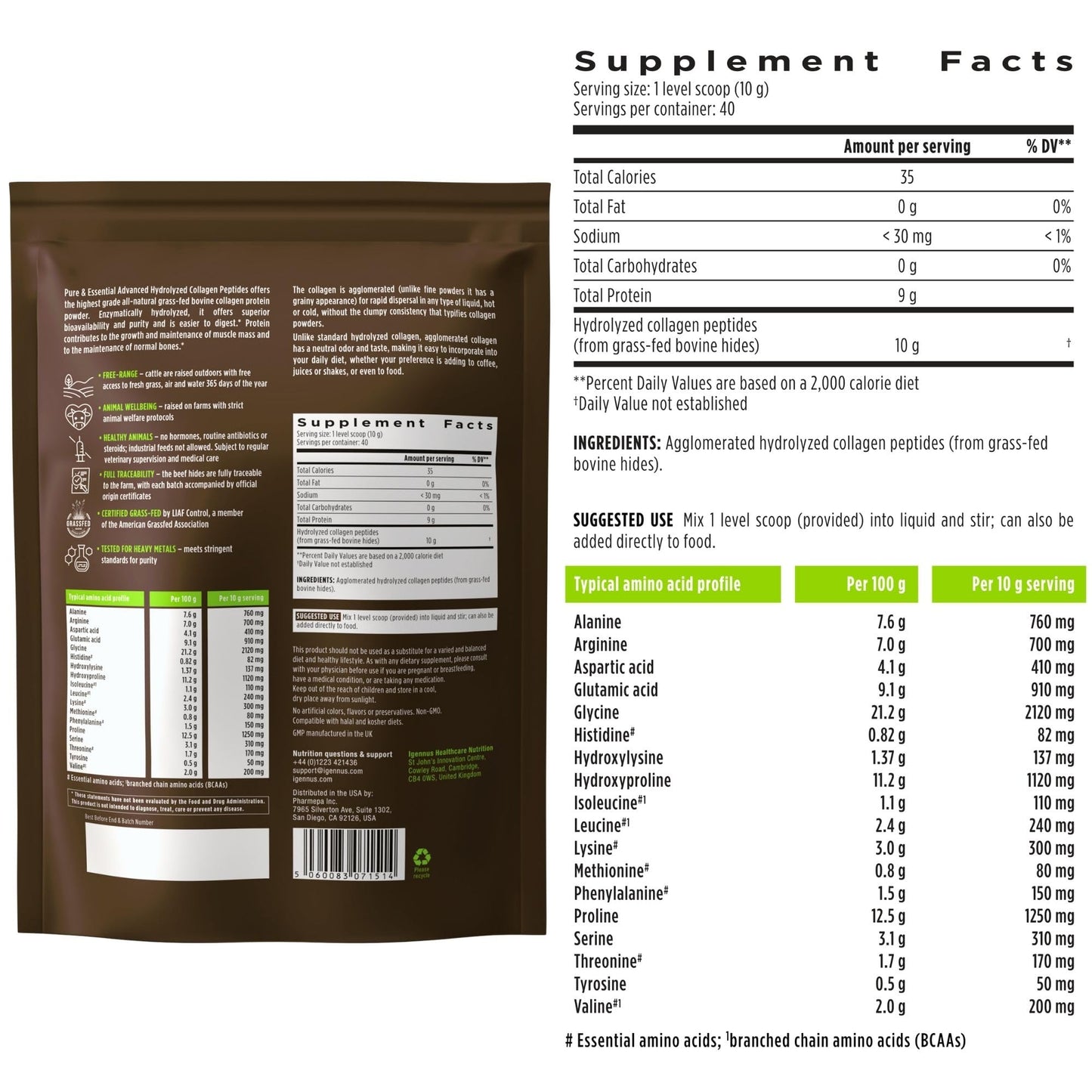 Igennus Free Range Grass Fed Hydrolyzed Bovine Collagen Peptides, Neutral Taste, 100% Highest Grade Bovine Collagen Protein Powder, Types 1, 2 & 3, Clean Label, Non-GMO, Free Range, 40 Servings