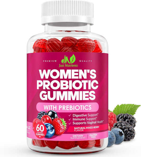 Just Nutrients Women's Probiotic Gummies with Prebiotics | 12 Strains – Digestive, Immune, Vaginal & Urinary Tract Health Support – Natural Mixed Berry Flavor, 60 Gummies