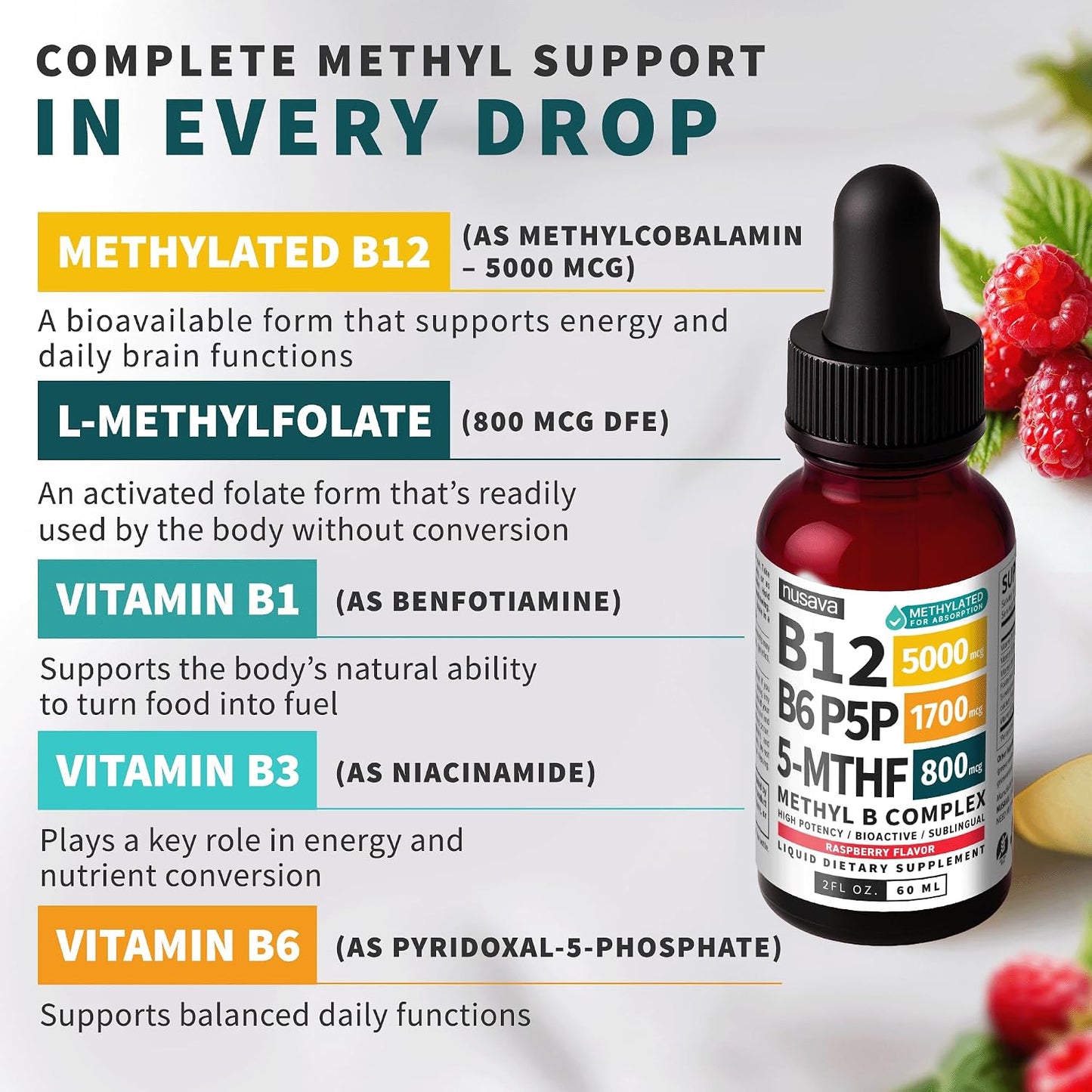 NUSAVA (2-Pack) Methylated B Complex Liquid Drops Raspberry and (2-Pack) Xtra Strength Vitamin D3 K2 Drops - Methylfolate B12 and High Potency Liquid D3 for Bone and Daily Energy Support