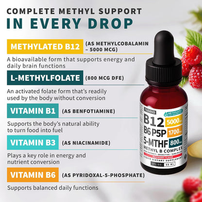 NUSAVA (2-Pack) Methylated B Complex Liquid Drops Raspberry and (2-Pack) Xtra Strength Vitamin D3 K2 Drops - Methylfolate B12 and High Potency Liquid D3 for Bone and Daily Energy Support