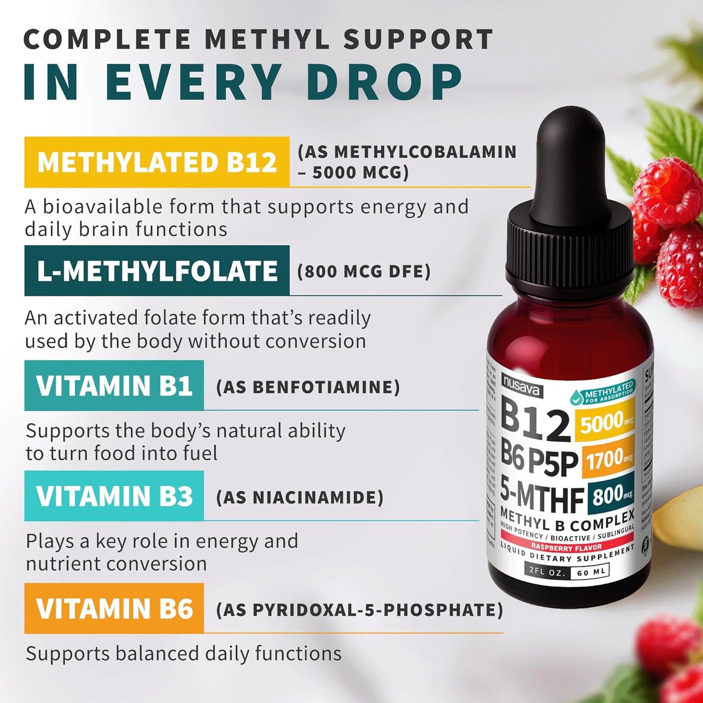 (2-Pack) Methylated B Complex Liquid Drops - Vitamin B Complex with Active L Methylfolate - B12 Sublingual Drops - Vegan B12 Vitamin 5000mcg, Non-GMO, Raspberry Flavor, No Sugar, 2 Fl oz, 80 Servings