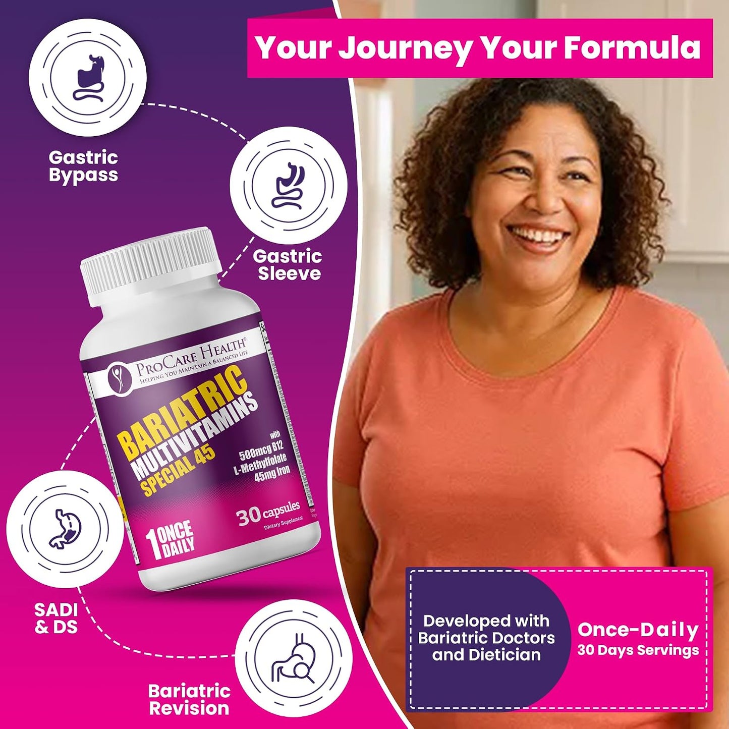 Special-45 Bariatric Multivitamin | Reduced B12 | Capsule | 30ct | Post-Op Bariatric Vitamins for Gastric Bypass and Sleeve Patients, Sustains Recovery & Energy* (1 Month Supply) - Made in USA