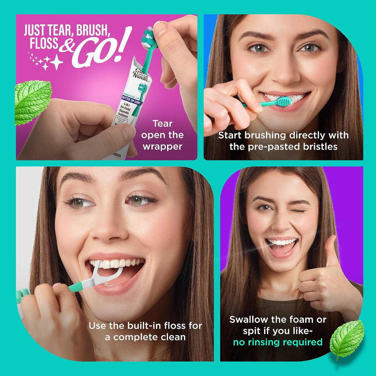 GuruNanda Disposable Travel Toothbrush 2.0, Fluoride Free Toothpaste, 21 ct