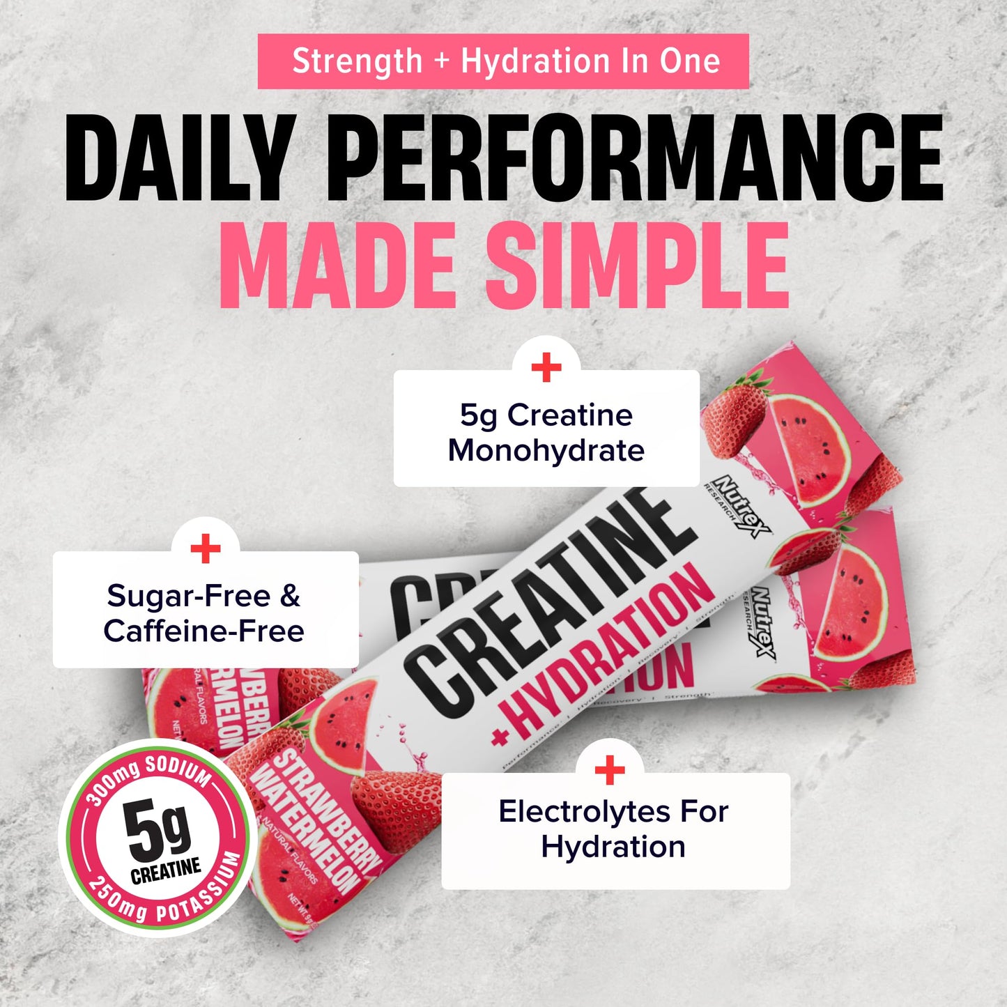 Nutrex Research Essentials Creatine + Hydration Stick Packs, 5g Creatine + Electrolytes, Sugar Free, Gluten Free, Strawberry Watermelon, 15 On-The-Go Stick Packs