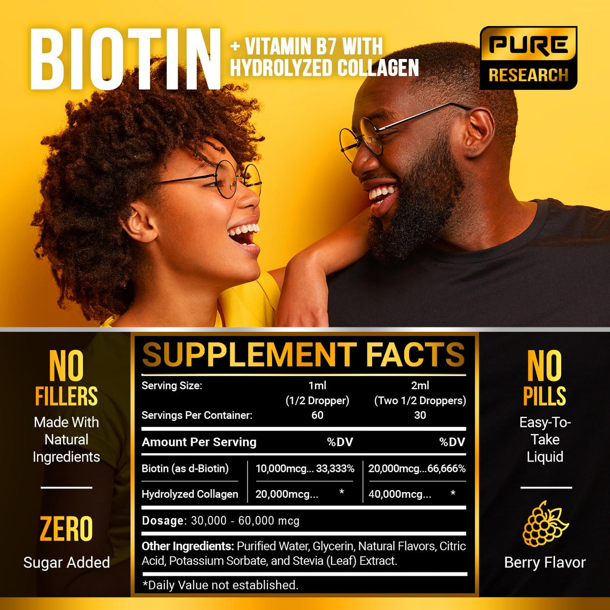 PURE RESEARCH Liquid Biotin & Collagen Hair Growth Drops 60,000mcg – Biotin and Liquid
