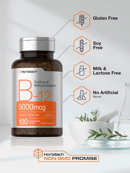 Horbäach B12 Sublingual Methylcobalamin | 5000mcg | 120 Fast Dissolve Tablets
