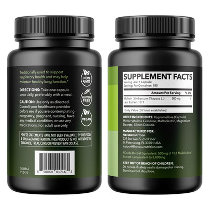 500mg Mullein Extract for Lung Support and Respiratory Health, 30 Count | Mullein Leaf Capsules for Respiratory Health, Vegan, Non-GMO Herbal Supplement for Overall Daily Wellness, 1 Month Supply