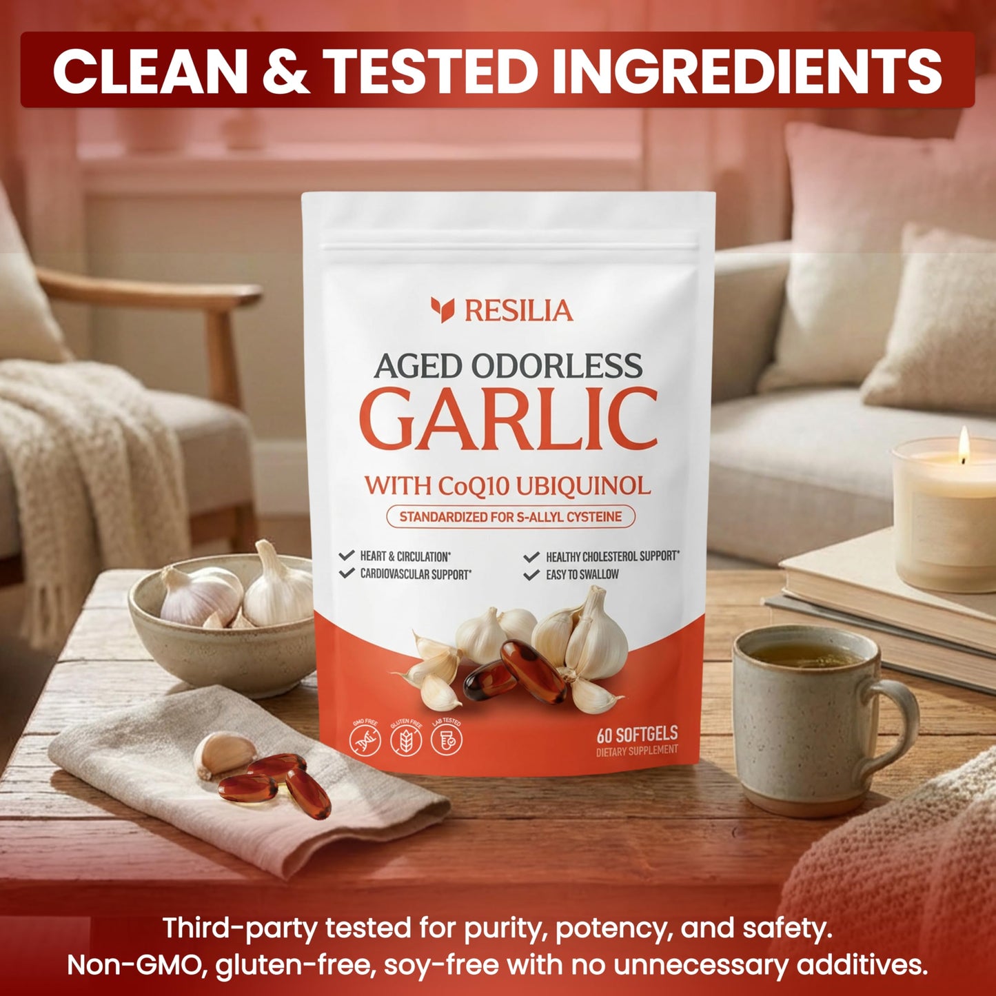 Resilia Garlic Extract 600mg Softgels (60ct) – Odorless Aged Garlic with CoQ10 Ubiquinol & Vitamin K2 as MK-7 – 20-Month Matured, Standardized for S-Allyl Cysteine - Heart & Immune Support