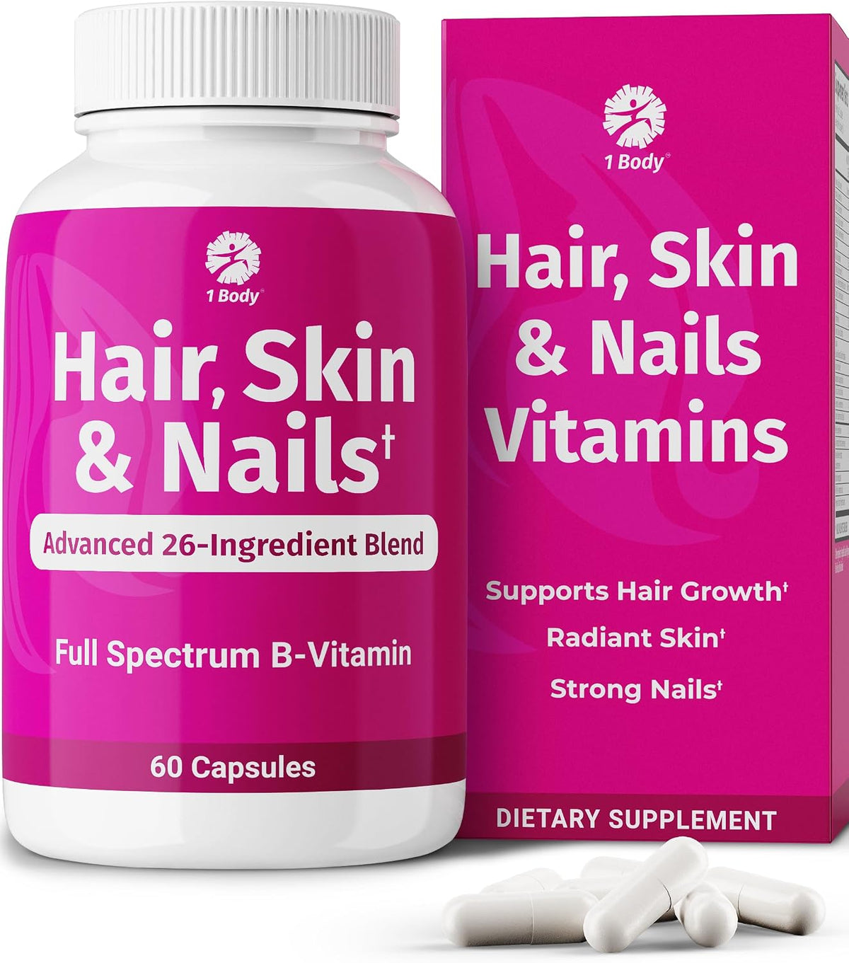 1 Body Hair Skin & Nails with Biotin, Vegan Vitamins, 60 Capsules