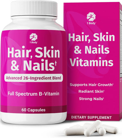 1 Body Hair Skin & Nails with Biotin, Vegan Vitamins, 60 Capsules