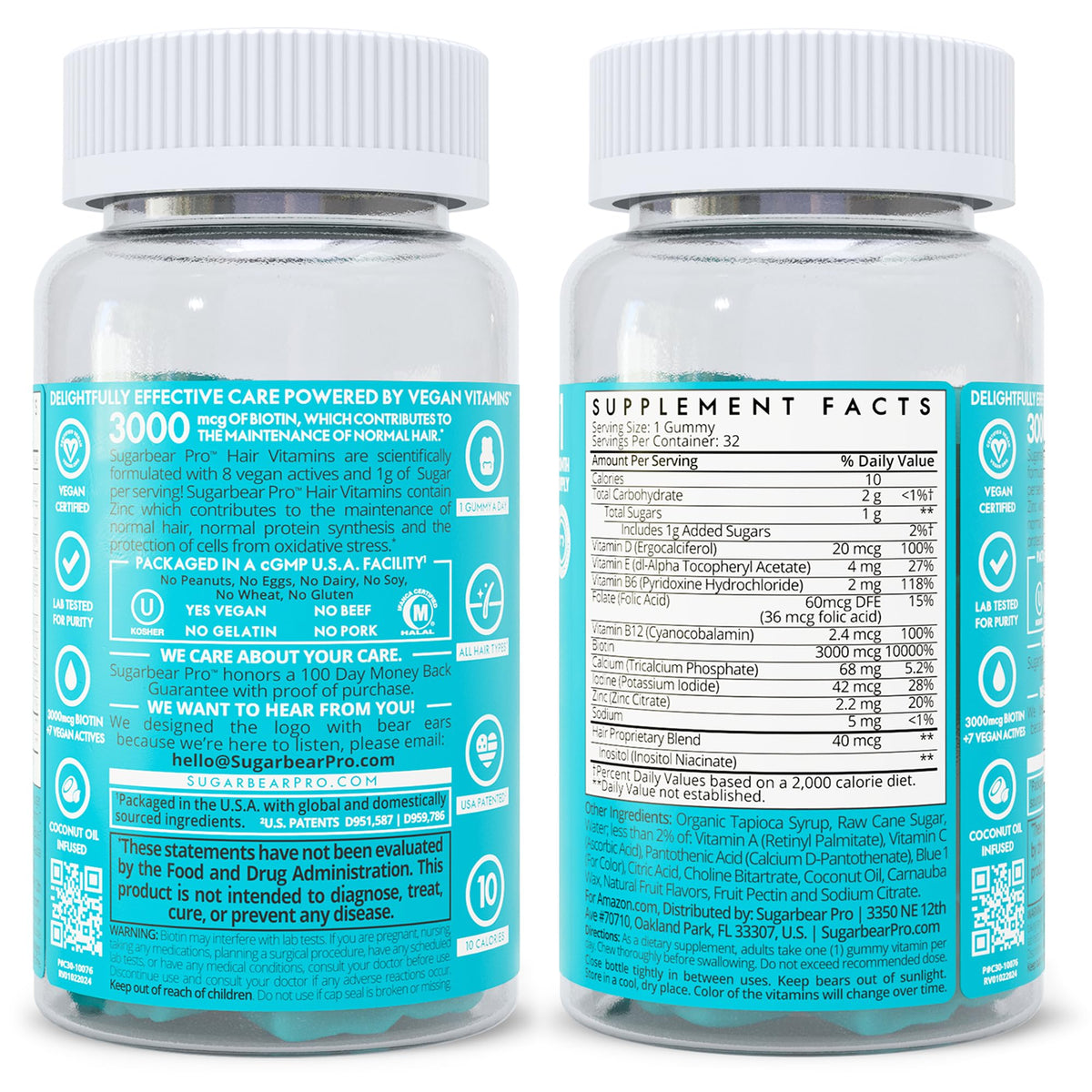SugarbearPro Hair Vegan Vitamin Gummies for Luscious Hair with Biotin, Vitamin E, Folic