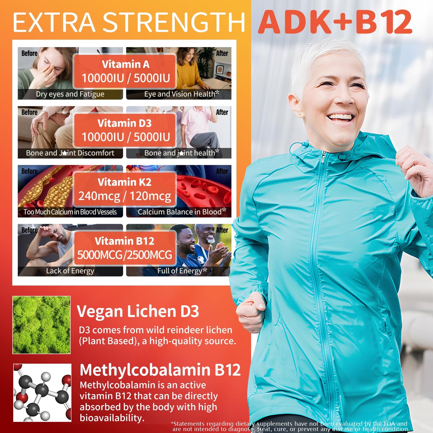 Sugar-Free ADK+Vitamin B12 Gummies - Vitamin D3 K2 10,000IU/ 5000IU, B12 5000mcg 2500mcg, K2 (MK-7) 240mcg, Multivitamin Adults-Vitamin A,Vegan Vitamin D,Methyl B12,C,Zinc-Eye,Bone,Energy,Nerve,Immune