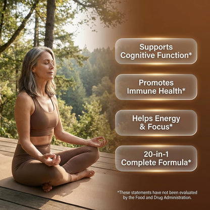Clean Nutraceuticals Lions Mane 20in1 Mushroom Supplement with Turkey Tail Reishi Cordyceps Chaga Maitake Meshima Poria Cocos Shiitake Oyster Porcini Enoki - 1 Pack