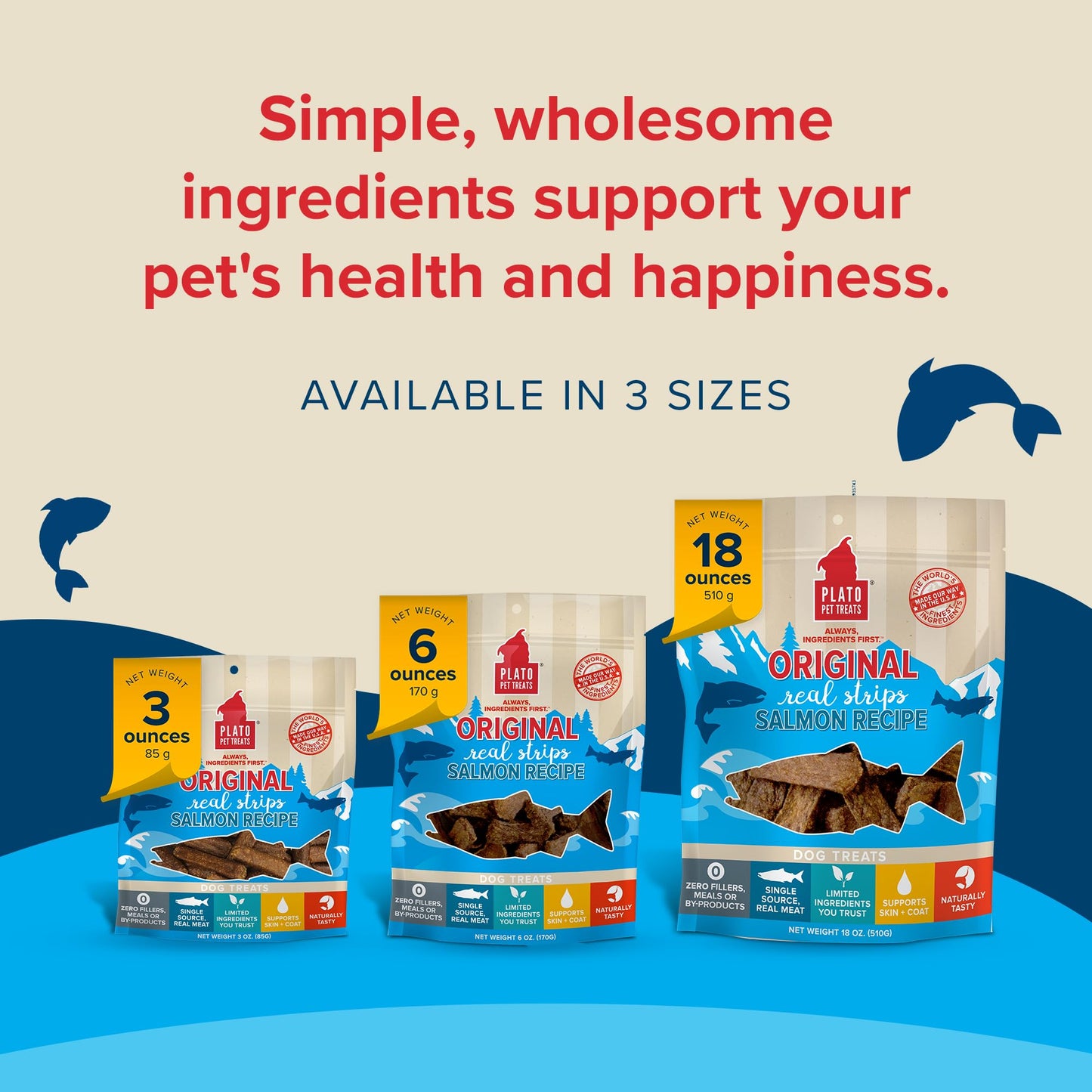 Plato Real Strips Salmon Recipe Dog Treats, Air-Dried High-Protein Soft Strips, Omega-Rich Skin & Coat Support, 18 oz