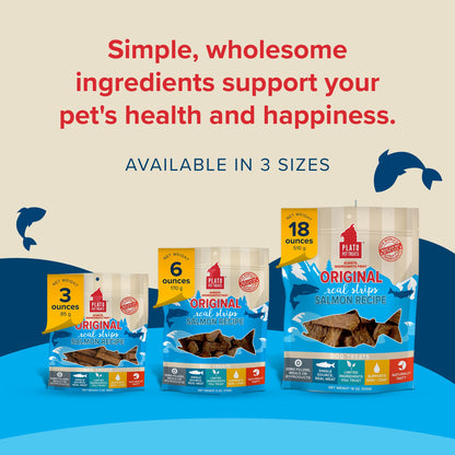Plato Real Strips Salmon Recipe Dog Treats, Air-Dried High-Protein Soft Strips, Omega-Rich Skin & Coat Support, 18 oz