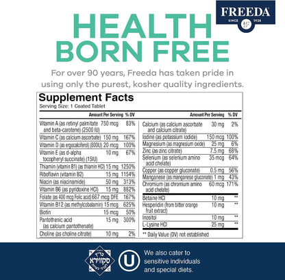 Freeda Senior Multivitamin - Kosher Vitamins for Men & Women 60 and Over - One Daily Coated Tablet - Women’s & Men’s Vitamins Multivitamin 60 Plus - Vitamins for Women Over 60 Plus Elderly (100 Count) | Kosher Senior Multivitamin with Essential Vitamins a