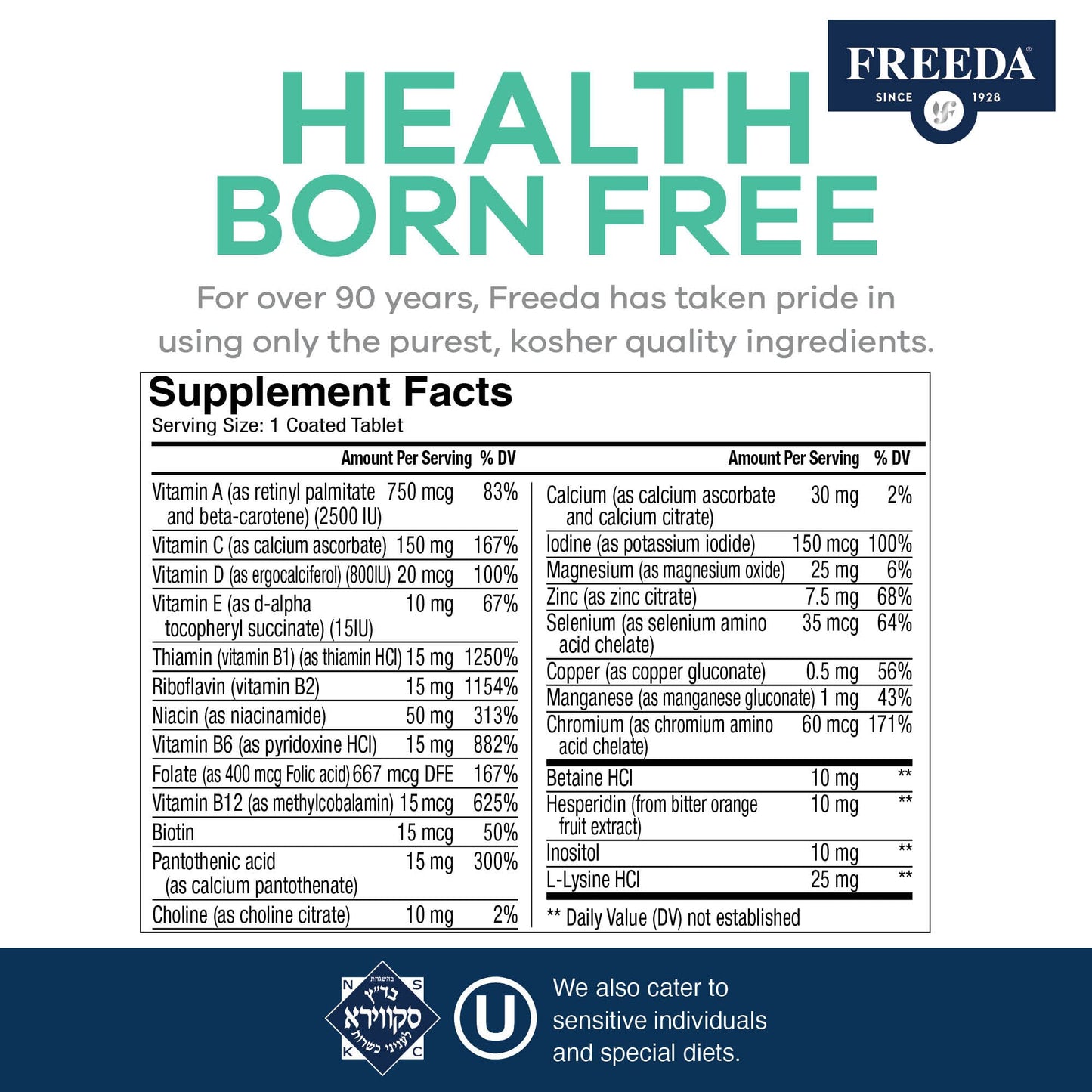 Freeda Senior Multivitamin - Kosher Vitamins for Men & Women 60 and Over - One Daily Coated Tablet - Women’s & Men’s Vitamins Multivitamin 60 Plus - Vitamins for Women Over 60 Plus Elderly (100 Count) | Kosher Senior Multivitamin with Essential Vitamins a