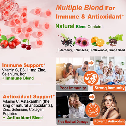 Natural Liposomal Vitamin C 1000mg Gummies for Adults & Kids 9+, Chewable Vitamin C w/ 11mg Zinc, D3, Elderberry, Echinacea, , Bioflavonoid, Immune Support, Whole Food VIT C from Fruits, Sugar Free