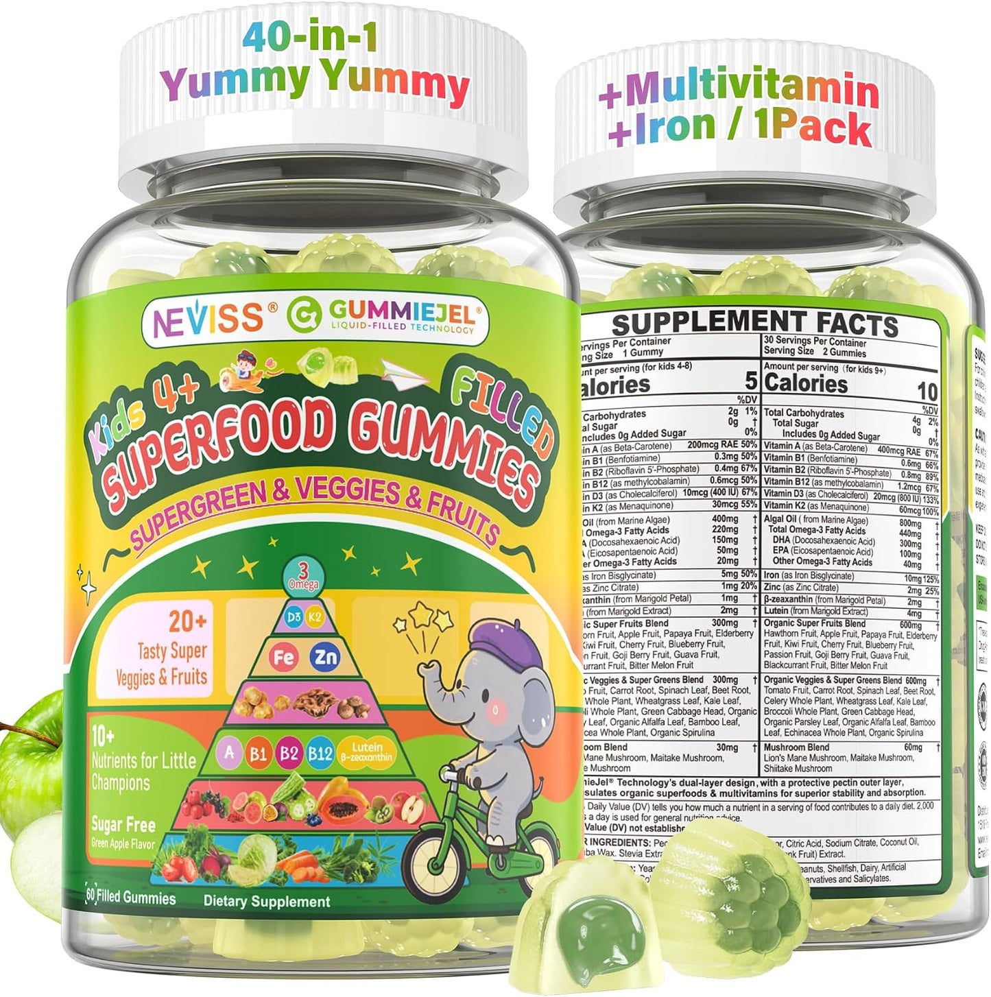NEVISS Kids Teens Ages 4–17 Multivitamin with Iron Omega3 D3K2, Picky Eater Vitamin Super Greens Gummies, Boys Girls Organic Fruits Veggies Superfood Gummy, Mushroom | Immune Bone Brain, Sugar Free