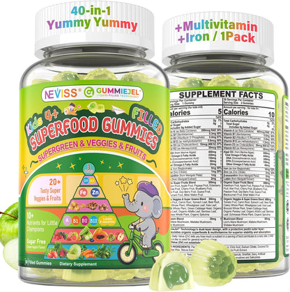 NEVISS Kids Teens Ages 4–17 Multivitamin with Iron Omega3 D3K2, Picky Eater Vitamin Super Greens Gummies, Boys Girls Organic Fruits Veggies Superfood Gummy, Mushroom | Immune Bone Brain, Sugar Free