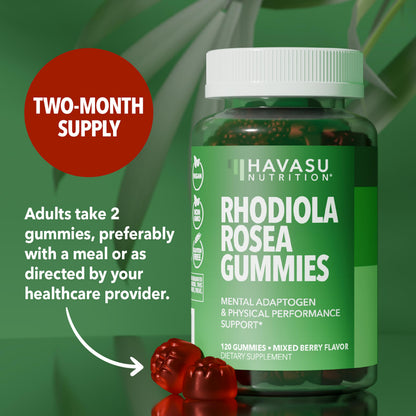 Rhodiola Rosea Gummies, Sugar Free Rhodiola Supplement, 30 Servings | Herbal Adaptogen for Mental Clarity and Performance, 60 Count, Vegan and Gluten-Free, Mixed Berry Flavor, 1-Month Supply