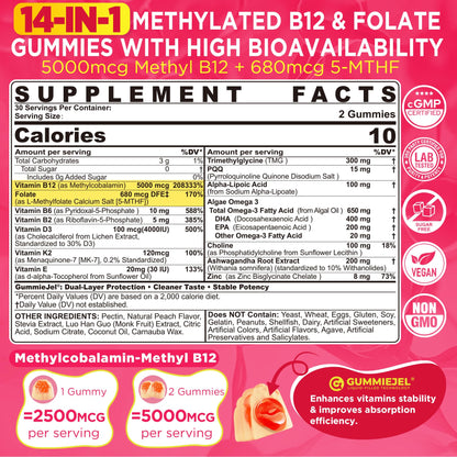 Methyl B12 5000mcg & L-Methylfolate Gummies for Women Men - Active 5-MTHF & Methylted B-Complex Multivitamin Supplement + B6, Choline,TMG for Cellular Energy, Cognition, Methylation, MTHFR Gene, 60Cts