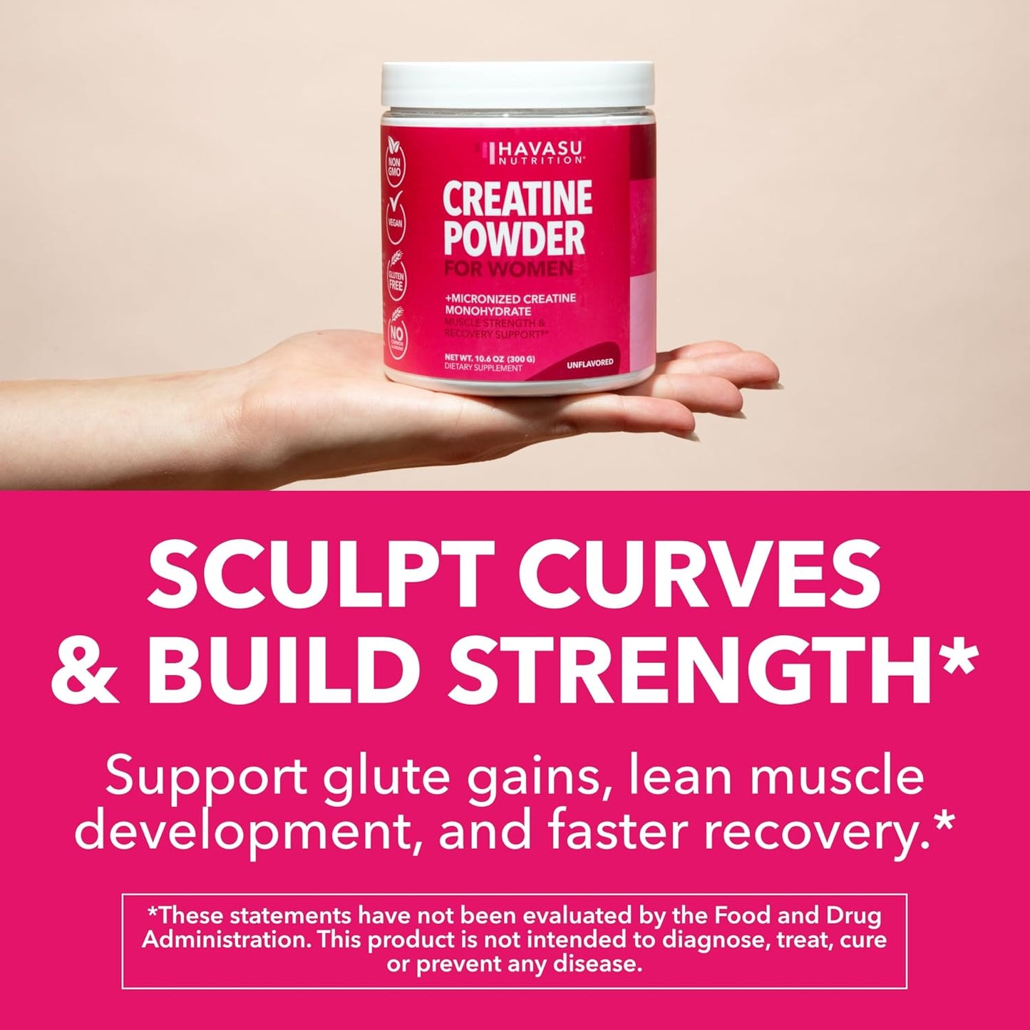 Creatine for Women, Unflavored, 300gm, 3g, Energy & Lean Muscle Support | Micronized Creatine Monohydrate Per Serving, Mental Clarity Support, Post Workout Recovery, Non-GMO, 100 Servings, Vegan