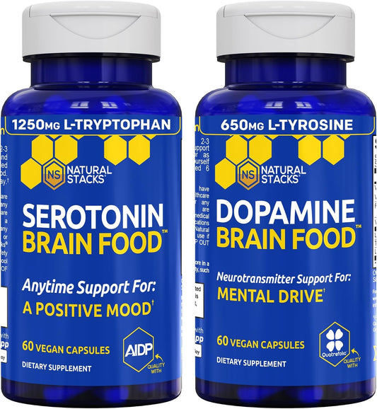 NATURAL STACKS Serotonin Brain Food + Dopamine Brain Food Bundle - Supports a Positive Mood & Mental Drive* - 120 Total Capsules