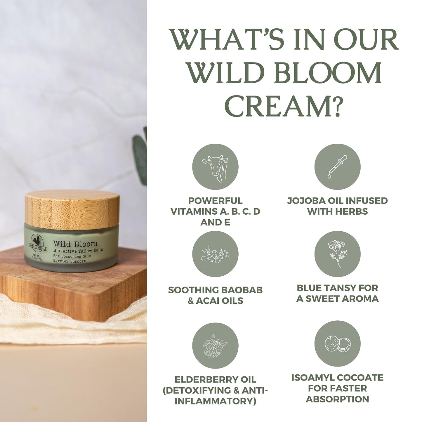 Hearth and Homestead: Handmade Wild Bloom Bio-Active Tallow Face Balm/Cream with Blue Tansy - Hydrate, Nourish, and Protect Skin - .7 oz