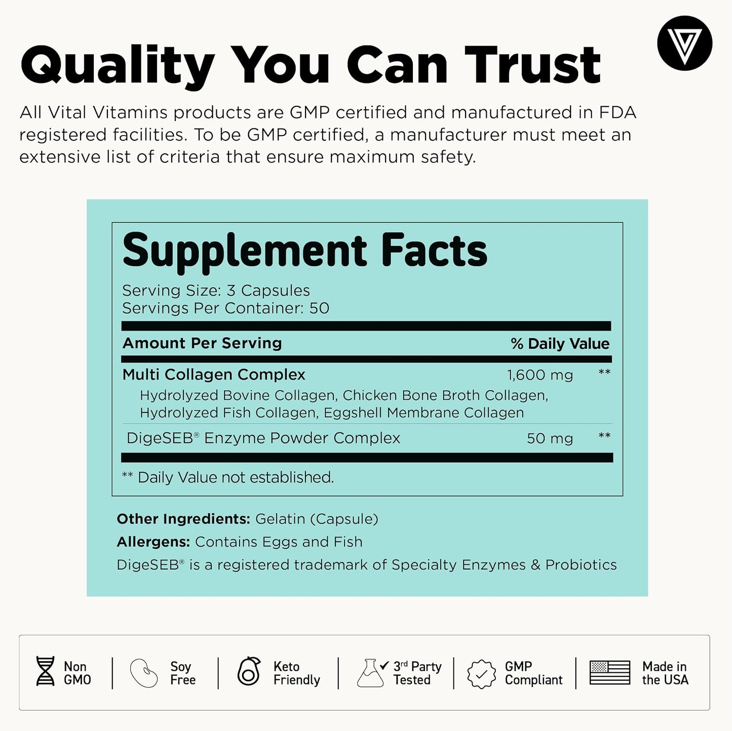 Vital Vitamins Multi Collagen Peptides Complex for Women & Men, 150 Pills | Supports Skin, Hair & Nails, 5 Collagen Types I II III V & X, Grass-Fed Non-GMO Collagen Supplements