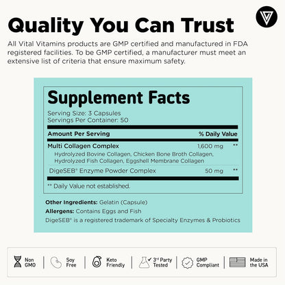 Vital Vitamins Multi Collagen Peptides Complex for Women & Men, 150 Pills | Supports Skin, Hair & Nails, 5 Collagen Types I II III V & X, Grass-Fed Non-GMO Collagen Supplements
