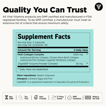 Vital Vitamins Multi Collagen Peptides Complex for Women & Men, 150 Pills | Supports Skin, Hair & Nails, 5 Collagen Types I II III V & X, Grass-Fed Non-GMO Collagen Supplements