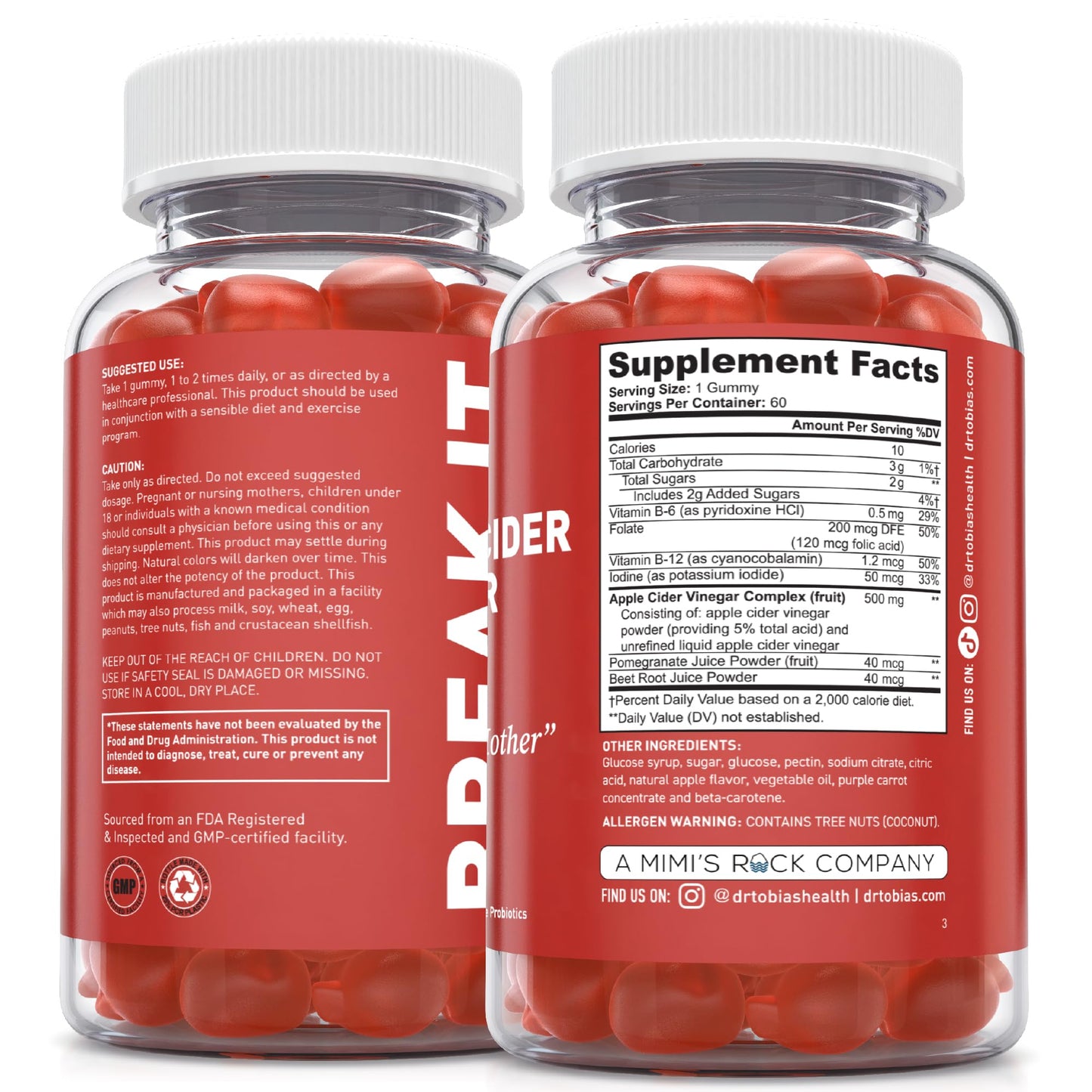 Dr. Tobias Apple Cider Vinegar Gummies with The Mother 60 Count | Digestive & Daily Wellness Support | 500 mg ACV | Folate + B6 + B12 + Iodine | Vegan | 30 Servings