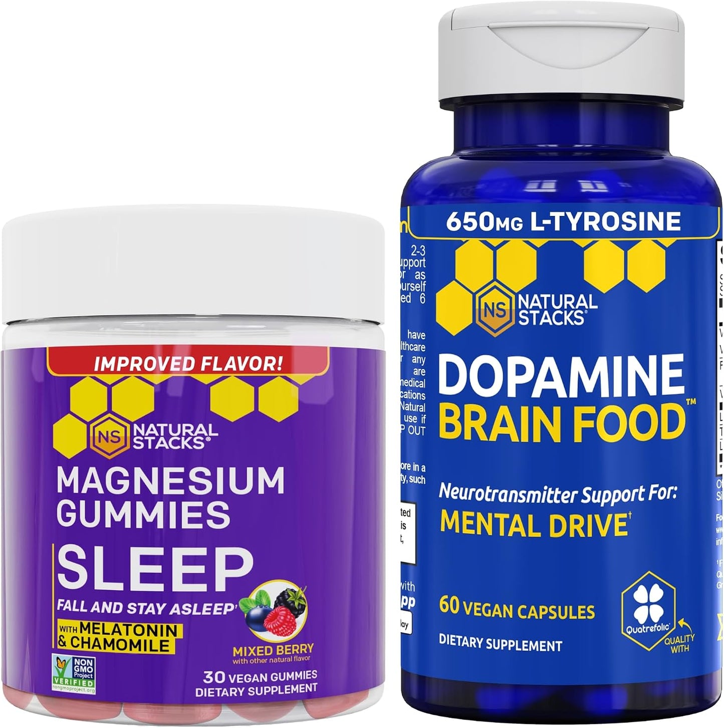 NATURAL STACKS Dopamine Brain Food + Sleep Magnesium Gummies Bundle - Supports Mental Drive & Sleep* - 90 Total Pieces