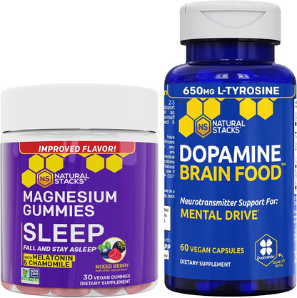 NATURAL STACKS Dopamine Brain Food + Sleep Magnesium Gummies Bundle - Supports Mental Drive & Sleep* - 90 Total Pieces