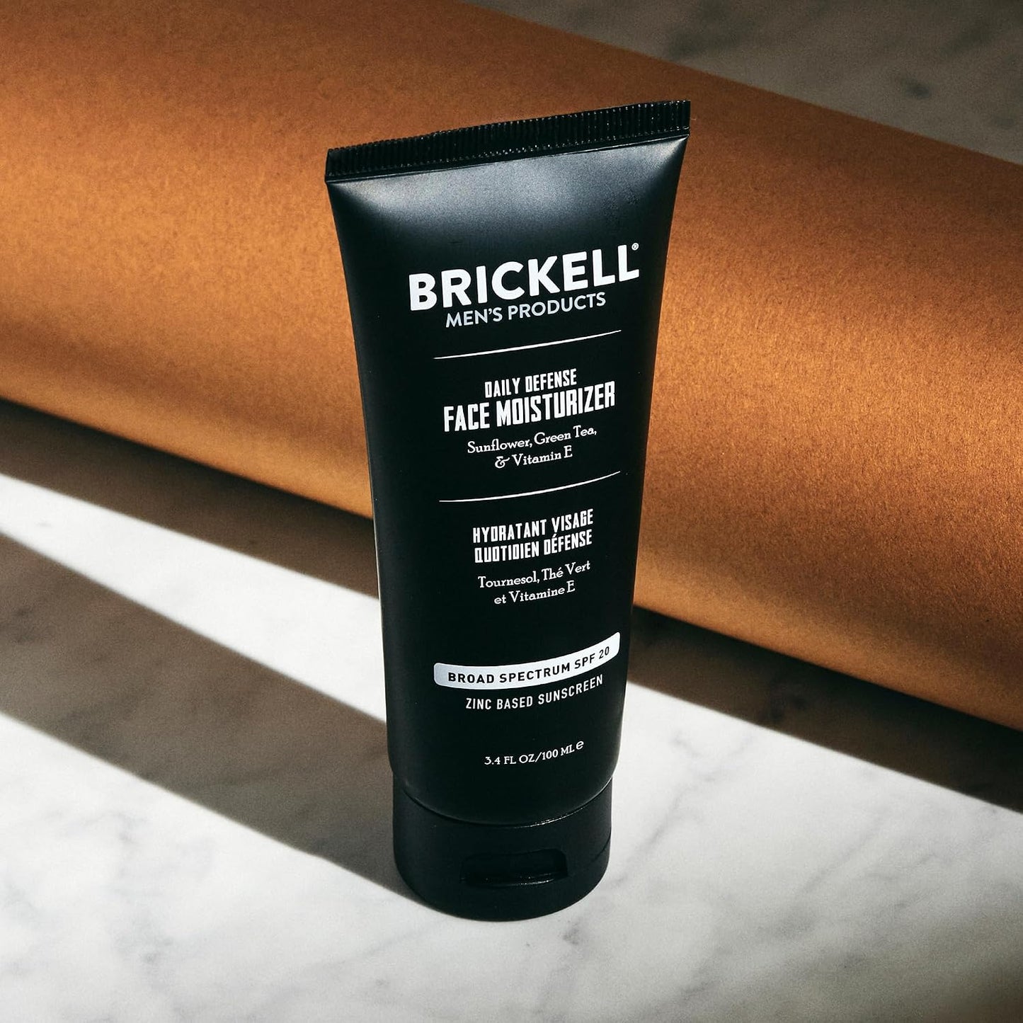 Brickell Men's Daily Defense SPF20 Face Moisturizer for Men, Moisturizing Mineral Sunscreen, Hydrates & Protects Skin Against Harmful UVA/B Rays, With Zinc, Green Tea, & Vitamin E, 3.4oz, Unscented