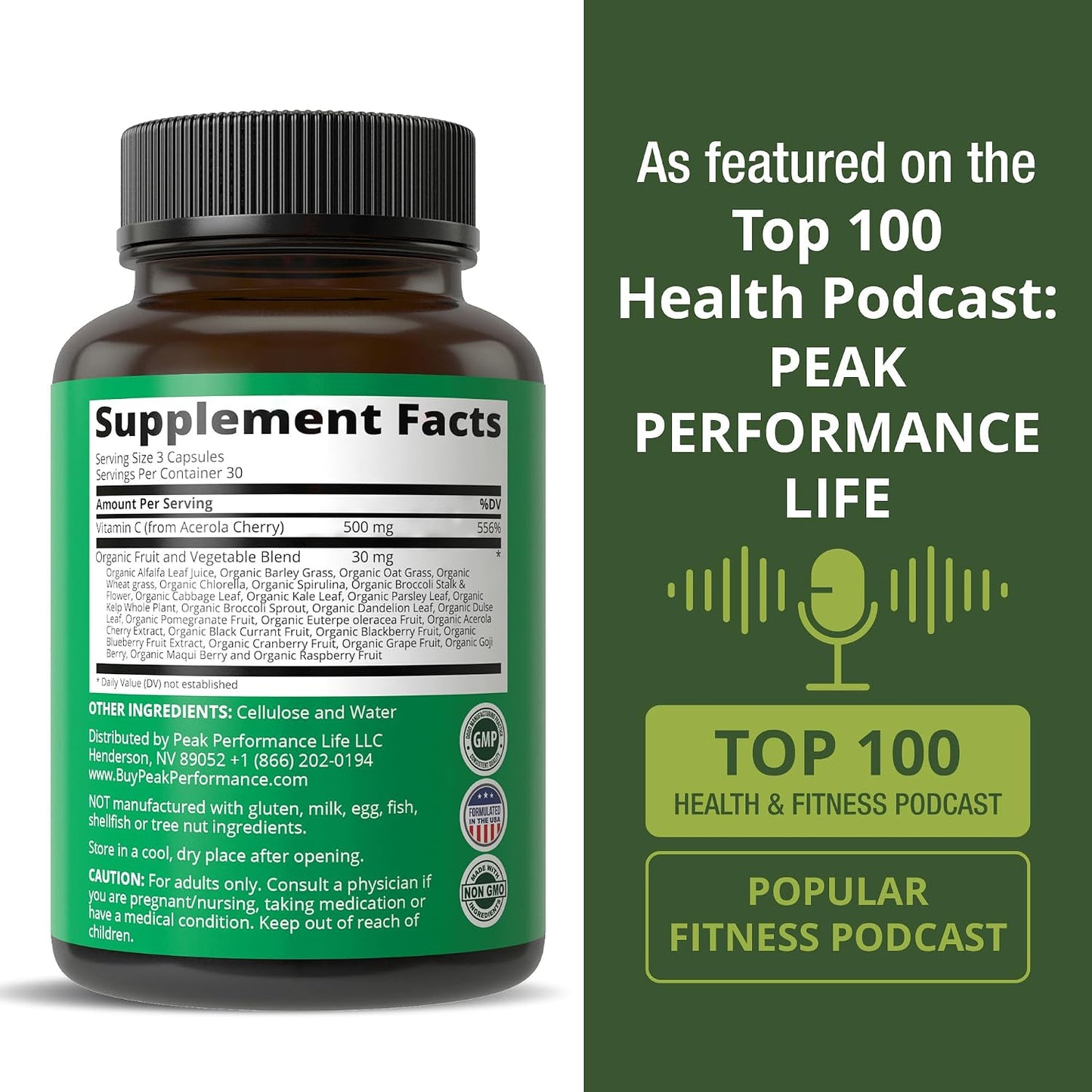 Peak Performance Raw Whole Food Natural Vitamin C Capsules from Acerola Cherry for Max Absorption. Vegan USA Sourced Vitamin C Supplement 90 Pills. 500 mg Serving or 2 Servings 1000mg