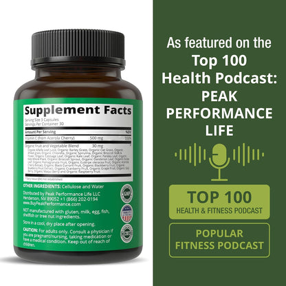 Peak Performance Raw Whole Food Natural Vitamin C Capsules from Acerola Cherry for Max Absorption. Vegan USA Sourced Vitamin C Supplement 90 Pills. 500 mg Serving or 2 Servings 1000mg