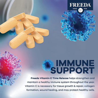 FREEDA Timed Release Vitamin C 1000mg – Slow-Release for All-Day Immune & Antioxidant Support, Gentle on Stomach, Kosher & Vegan, High-Absorption Tablets (100 Tablets) | Supports All-Day Immune & Antioxidant Defense – Promotes Collagen & Cell Health – Gen