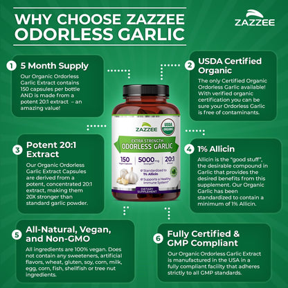 Zazzee USDA Organic Odorless Garlic 20:1 Extract, 1% Allicin, 100 Vegan Capsules, 3+ Month Supply, Allium Sativum, Immune, Circulation & Heart Health Support, All-Natural, Non-GMO, Made in the USA