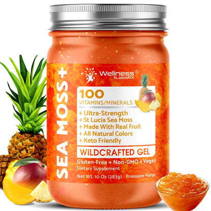 WELLNESS LABSRX Irish Sea Moss Gel Raw - Wildcrafted Superfood Seamoss Gel - Pineapple Mango Flavor, Vitamin and Mineral-Rich from Pristine Caribbean Waters - 10 oz.