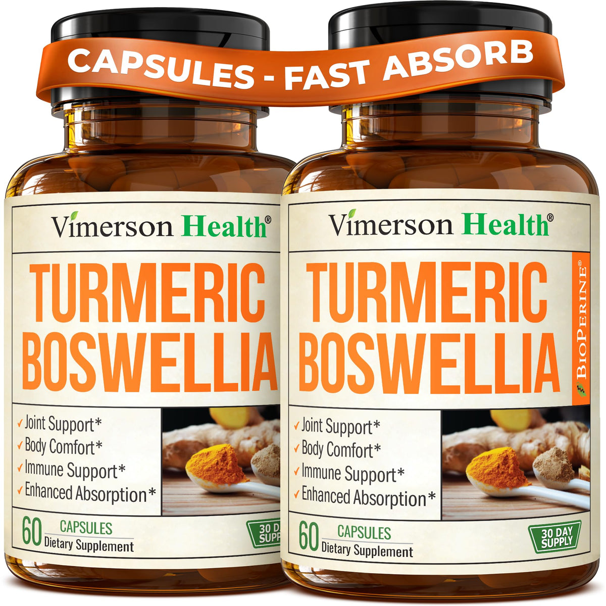 Turmeric Boswellia Supplement w/Ginger – Gut Friendly Joint Supplement 60Ct