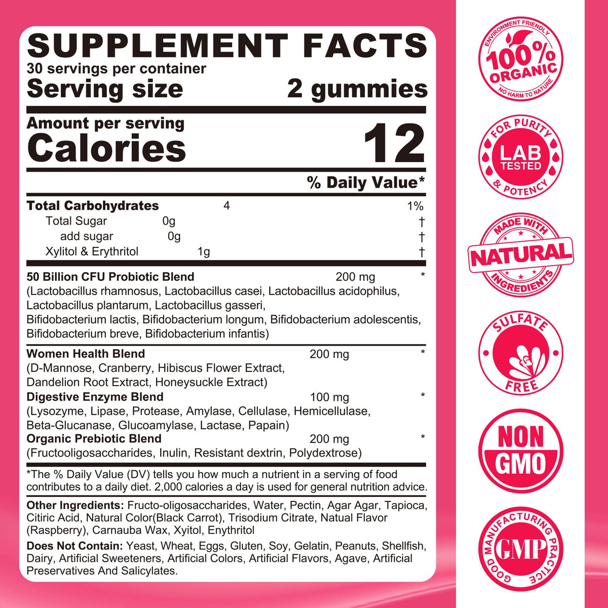 Probiotics for Women Gummies, Sugar Free Vaginal Probiotics 50 Billion CFU 10 Strains w/ Cranberry